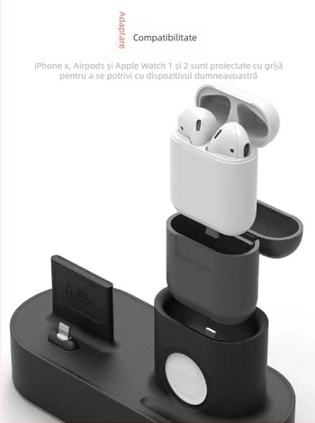 Suport de birou Apple cu bază de încărcare 3 în 1 din silicon, compatibil cu iPhone, Apple Watch și AirPods