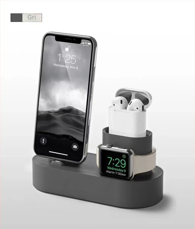 Suport de birou Apple cu bază de încărcare 3 în 1 din silicon, compatibil cu iPhone, Apple Watch și AirPods