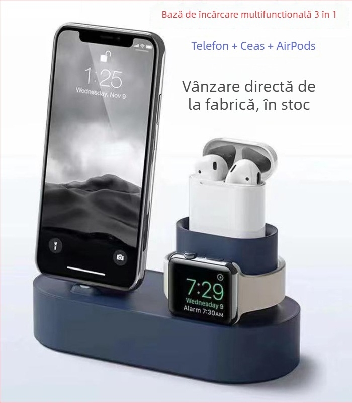 Suport de birou Apple cu bază de încărcare 3 în 1 din silicon, compatibil cu iPhone, Apple Watch și AirPods