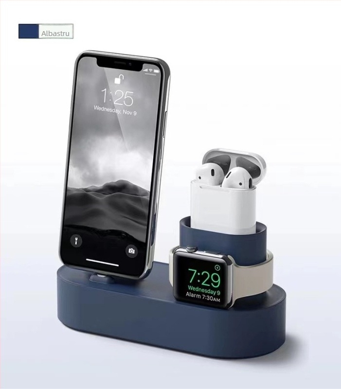 Suport de birou Apple cu bază de încărcare 3 în 1 din silicon, compatibil cu iPhone, Apple Watch și AirPods