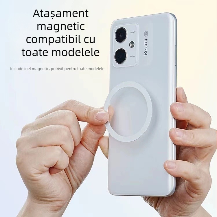 Suport pentru telefon Snap-on cu magnet; materiale ABS + magnet + adeziv transparent; potrivit pentru birou, streaming live și studiu.