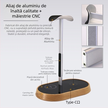 Suport pentru căști de birou cu încărcare wireless, modelul B15a, pentru utilizare pe desktop, personalizare disponibilă