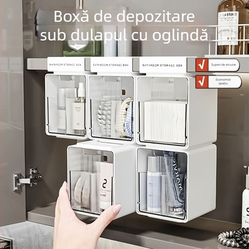 Dulap oglindă de baie cu organizator pentru cosmetice, multifuncțional, capacitate 18 L, material HIPS+PS, pentru baie și spațiu de uscare
