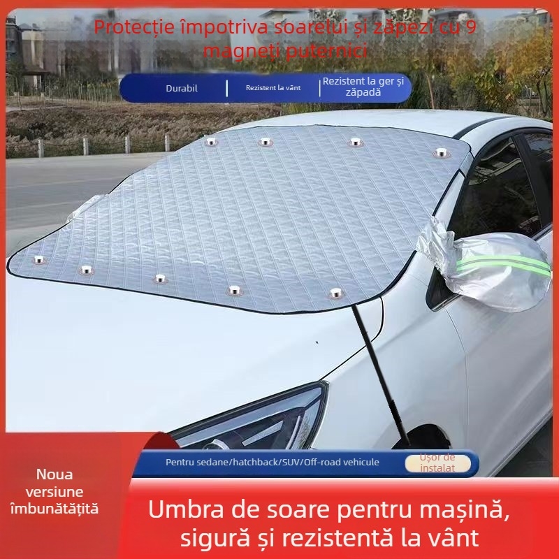 Husă de zăpadă pentru parbrizul mașinii – folie de aluminiu, montaj magnetic, universal, model în carouri, stil minimalist