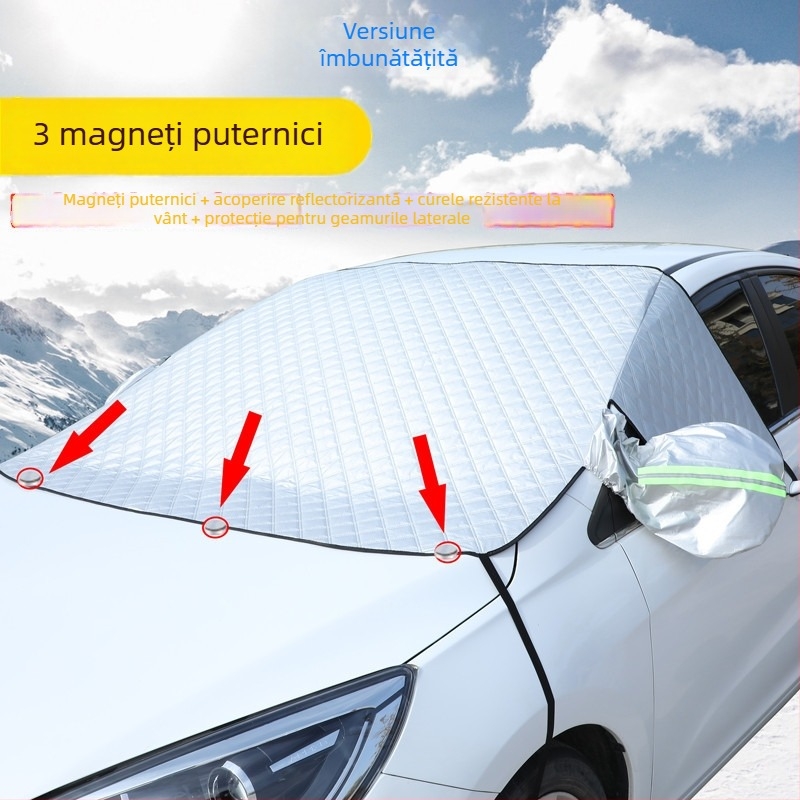 Husă de zăpadă pentru parbrizul mașinii – folie de aluminiu, montaj magnetic, universal, model în carouri, stil minimalist