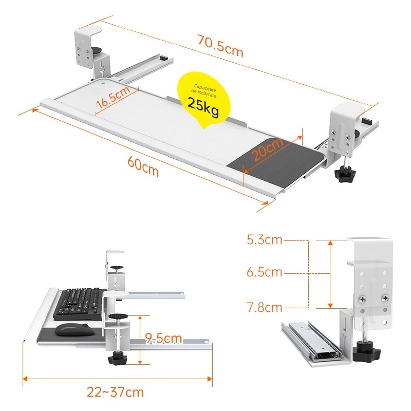 Tavă pentru tastatură sub birou cu șine glisante extensibile, montaj fără găuri; Material: oțel laminat la rece; Model: 135; Stil: modern minimalist; Brand: Huibaili hardware
