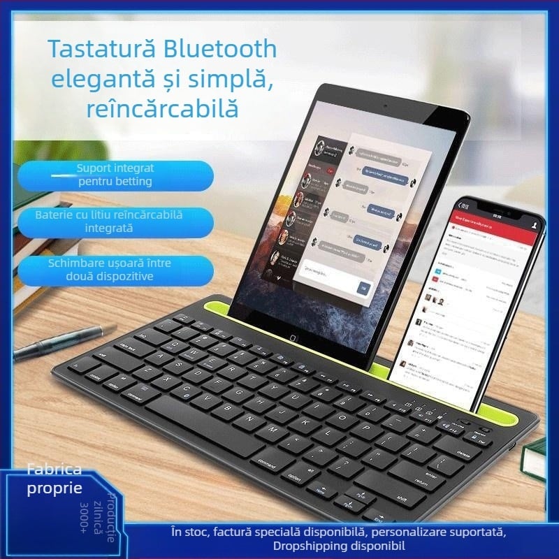 Tastatură Bluetooth wireless, cu slot pentru suport, compatibilă cu telefoane, tablete și laptopuri; design ergonomic; greutate 600 g