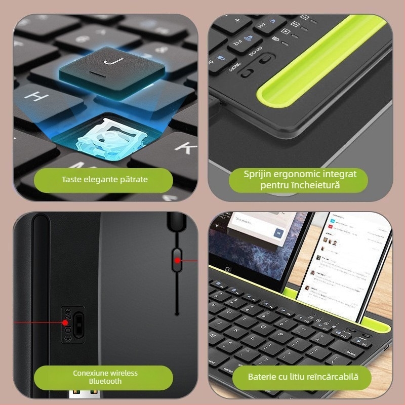Tastatură Bluetooth wireless, cu slot pentru suport, compatibilă cu telefoane, tablete și laptopuri; design ergonomic; greutate 600 g