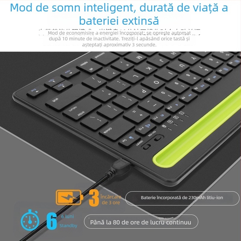 Tastatură Bluetooth wireless, cu slot pentru suport, compatibilă cu telefoane, tablete și laptopuri; design ergonomic; greutate 600 g