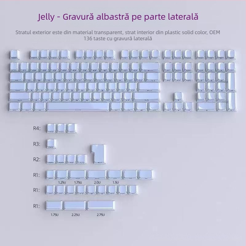 Set capace pentru taste Crystal Jelly, gravură pe margine, ABS, 136 taste, compatibil universal, garanție de 1 an