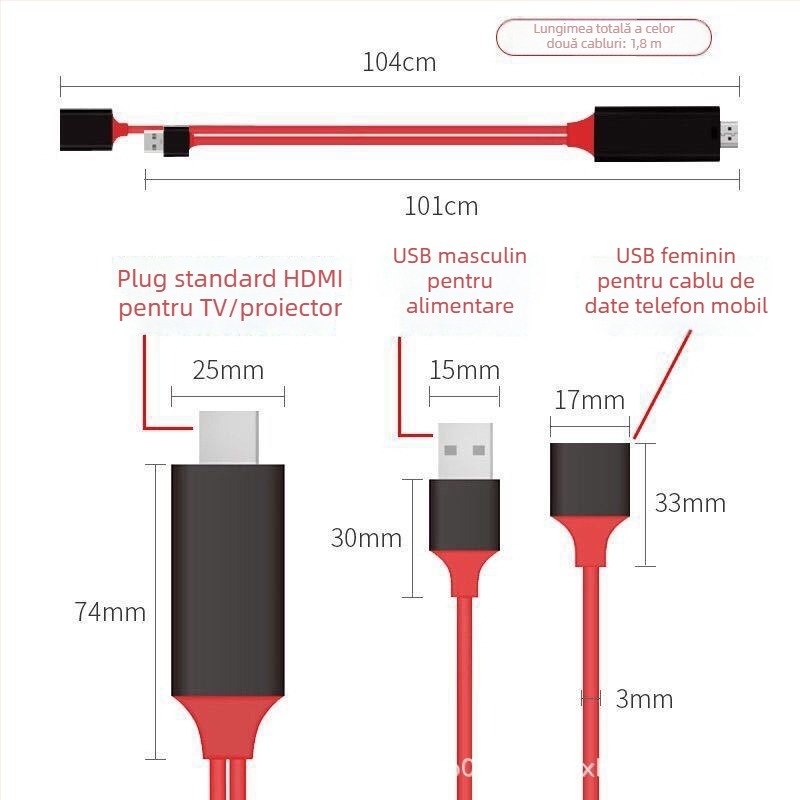 Adaptor Type-C la HDMI pentru oglindire ecran HDTV, ieșire 1080p, interfață HDMI, intrare USB-C, proiecție ecran fără fir, suport iOS/Android/Windows