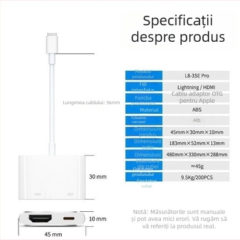 Cablu adaptor Lightning către HDMI pentru dispozitive Apple – interfață HDMI, cip AM8268, 5Gbps, miez din cupru, lungime 0,1 m