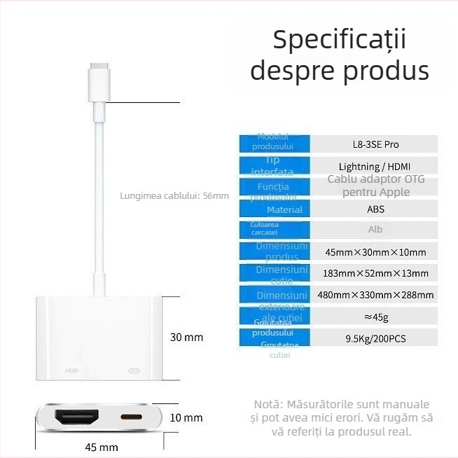 Cablu adaptor Lightning către HDMI pentru dispozitive Apple – interfață HDMI, cip AM8268, 5Gbps, miez din cupru, lungime 0,1 m