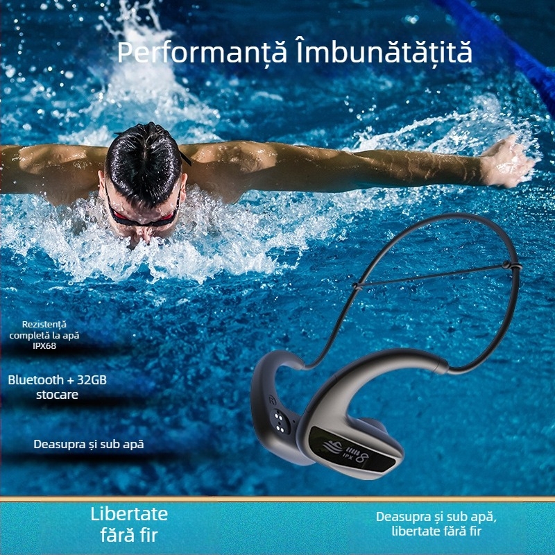 Căști cu conductie osoasă Bluetooth, IPX8 rezistente la apă, rază de 10 m, autonomie peste 8 ore, Bluetooth 5.4
