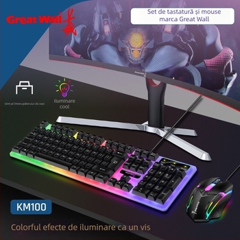 KM100 set tastatură și mouse, tastatură silențioasă și iluminată pentru birou și gaming; conectivitate USB, tastatură și mouse cu fir; mouse optic 1000 DPI; anti-ghosting; cablu 1,3 m