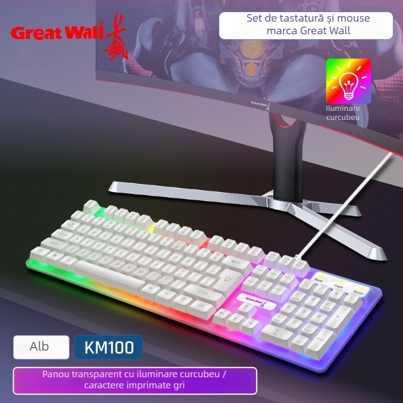 KM100 set tastatură și mouse, tastatură silențioasă și iluminată pentru birou și gaming; conectivitate USB, tastatură și mouse cu fir; mouse optic 1000 DPI; anti-ghosting; cablu 1,3 m