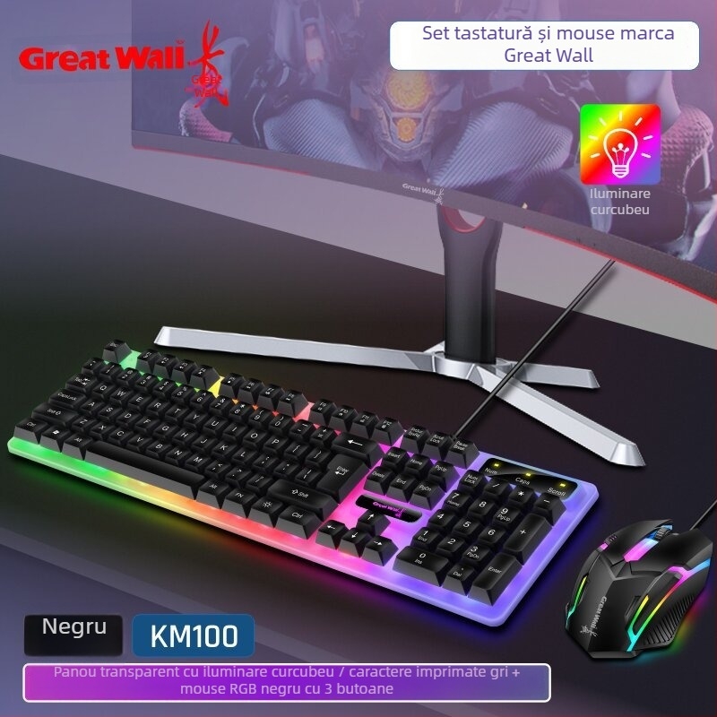 KM100 set tastatură și mouse, tastatură silențioasă și iluminată pentru birou și gaming; conectivitate USB, tastatură și mouse cu fir; mouse optic 1000 DPI; anti-ghosting; cablu 1,3 m