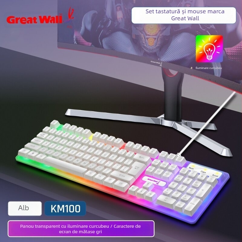 KM100 set tastatură și mouse, tastatură silențioasă și iluminată pentru birou și gaming; conectivitate USB, tastatură și mouse cu fir; mouse optic 1000 DPI; anti-ghosting; cablu 1,3 m