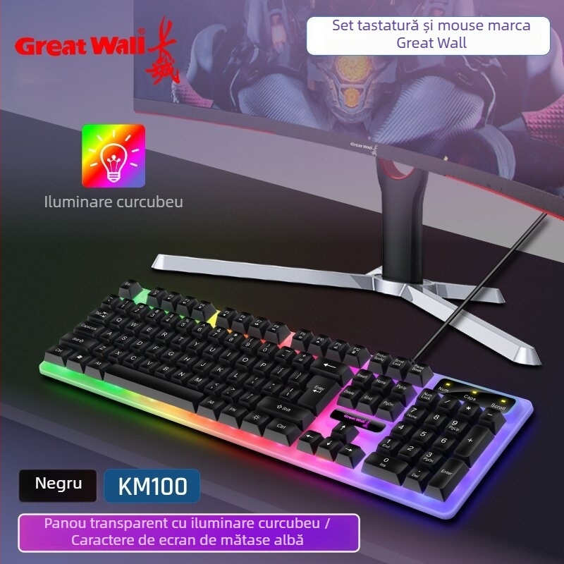 KM100 set tastatură și mouse, tastatură silențioasă și iluminată pentru birou și gaming; conectivitate USB, tastatură și mouse cu fir; mouse optic 1000 DPI; anti-ghosting; cablu 1,3 m