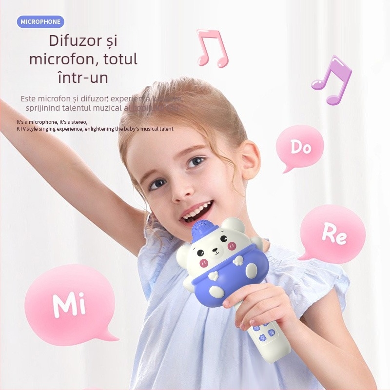 Microfon Bluetooth pentru copii, fără fir, redare MP3, baterie reîncărcabilă, muzică și vocalizare, compatibil cu aplicație mobilă