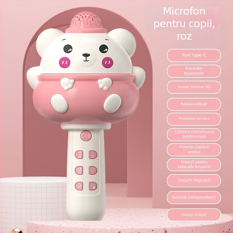 Microfon Bluetooth pentru copii, fără fir, redare MP3, baterie reîncărcabilă, muzică și vocalizare, compatibil cu aplicație mobilă