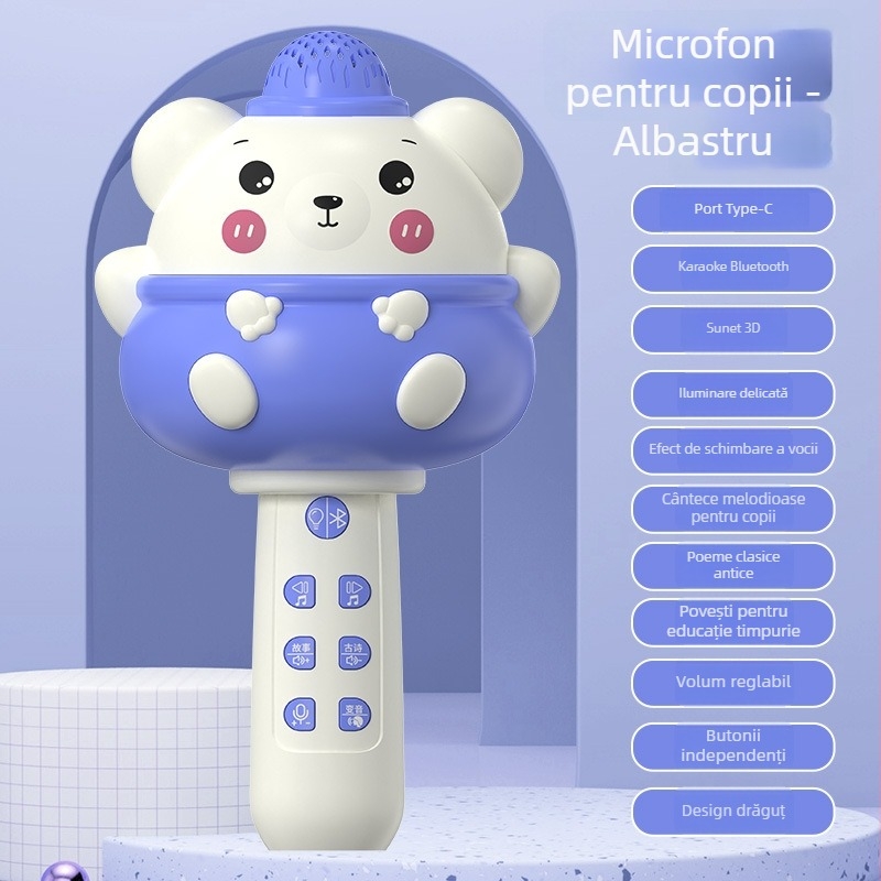 Microfon Bluetooth pentru copii, fără fir, redare MP3, baterie reîncărcabilă, muzică și vocalizare, compatibil cu aplicație mobilă