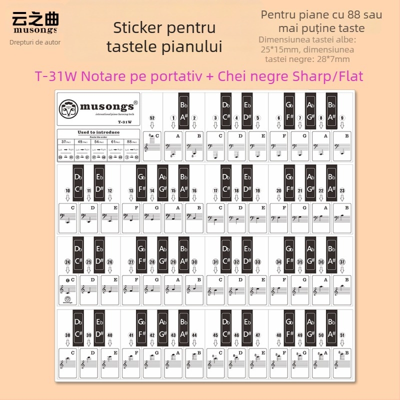 Etichetă pentru taste de pian, model T-30Z, PVC transparent, taste neadezive, compatibilă cu 88 de taste