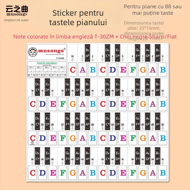 Etichetă pentru taste de pian, model T-30Z, PVC transparent, taste neadezive, compatibilă cu 88 de taste