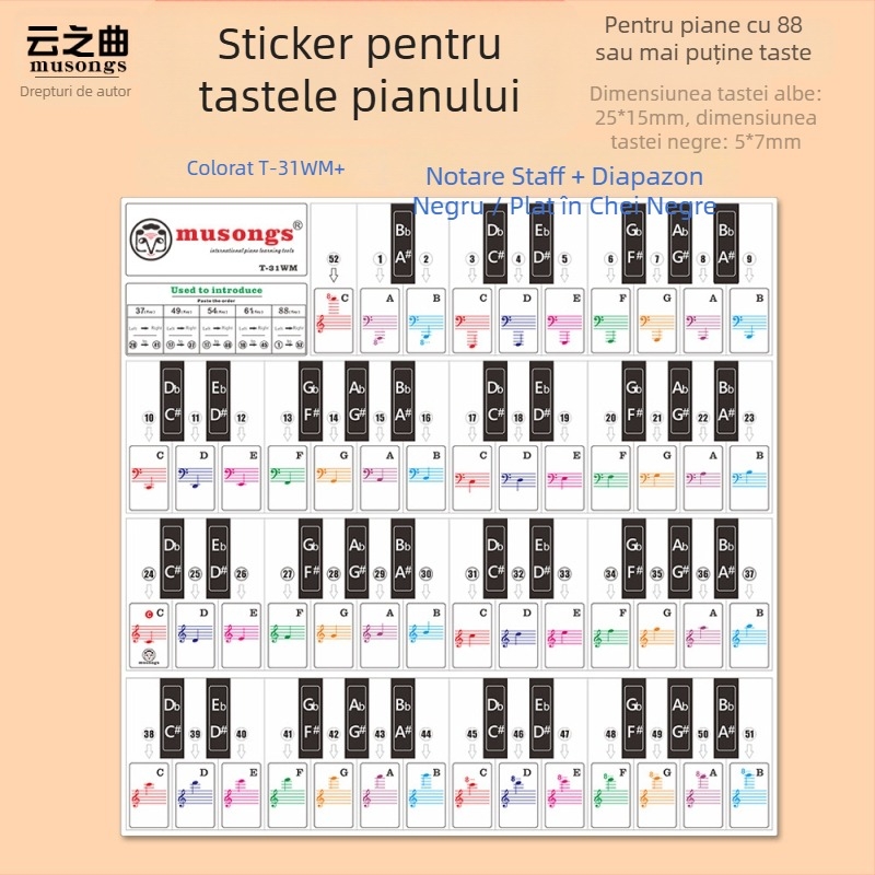 Etichetă pentru taste de pian, model T-30Z, PVC transparent, taste neadezive, compatibilă cu 88 de taste