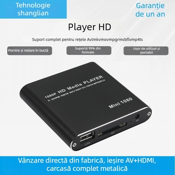 Mini player multimedia 1080p Full HD cu suport USB HDD și card SD/MMC — ieșire HDMI, 1920x1080, procesor F10, 128MB memorie, formate video MPEG/RMVB/MP4/MKV; audio MP3/WMA/FLAC