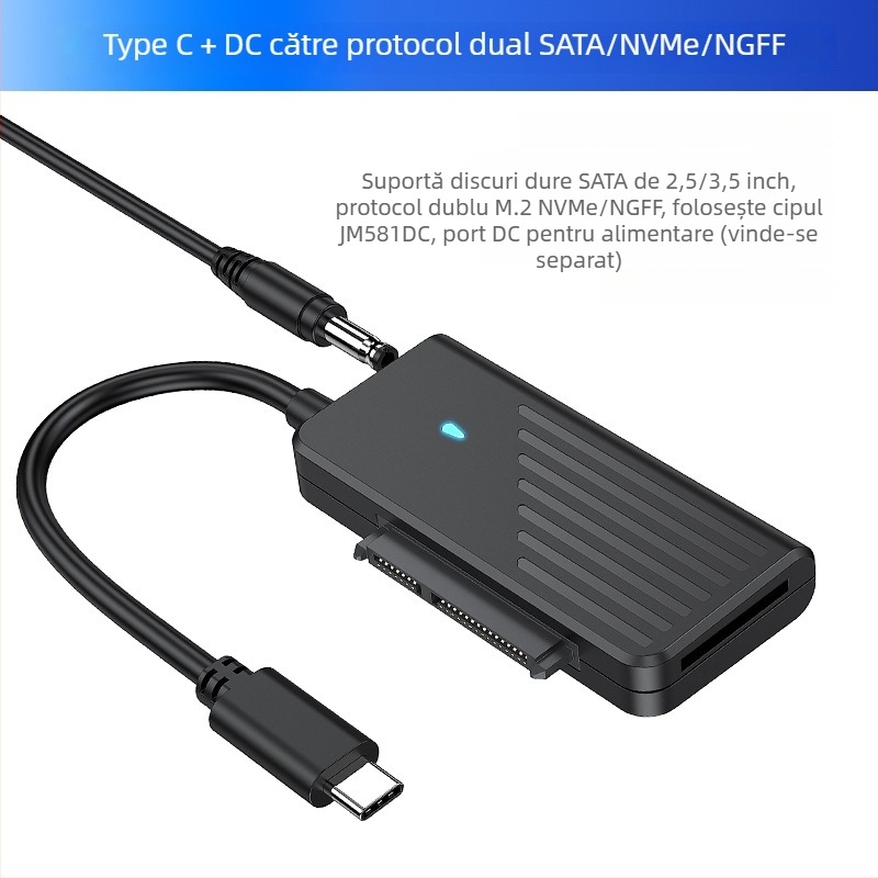 Cablu adaptor USB-C către SATA pentru dispozitive SATA, NVMe dual protocol (5Gbps, JM581DC, 25–45 cm)