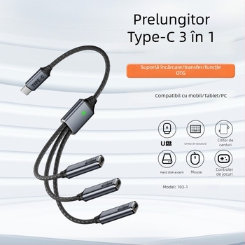 Cablu splitter USB-C cu 3 porturi, suport OTG și U-Disk, USB 2.0, 480 Mbps, nucleu din cupru