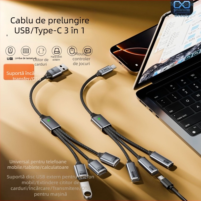 Cablu splitter USB-C cu 3 porturi, suport OTG și U-Disk, USB 2.0, 480 Mbps, nucleu din cupru