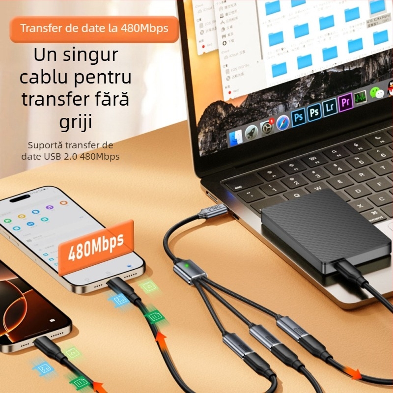 Cablu splitter USB-C cu 3 porturi, suport OTG și U-Disk, USB 2.0, 480 Mbps, nucleu din cupru