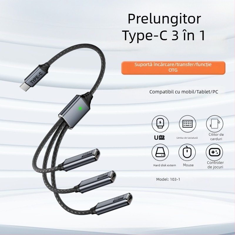 Cablu splitter USB-C cu 3 porturi, suport OTG și U-Disk, USB 2.0, 480 Mbps, nucleu din cupru