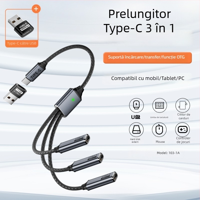 Cablu splitter USB-C cu 3 porturi, suport OTG și U-Disk, USB 2.0, 480 Mbps, nucleu din cupru