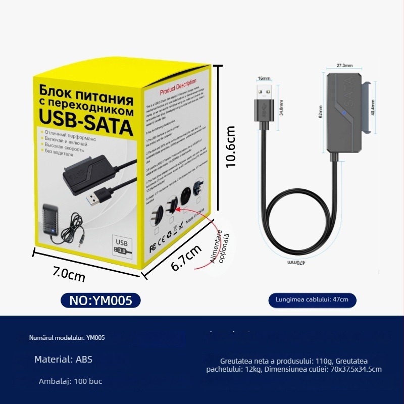 Cablu adaptor USB la SATA, JMS578 controller, lungime 50 cm, interfață SATA, 480 Mbps