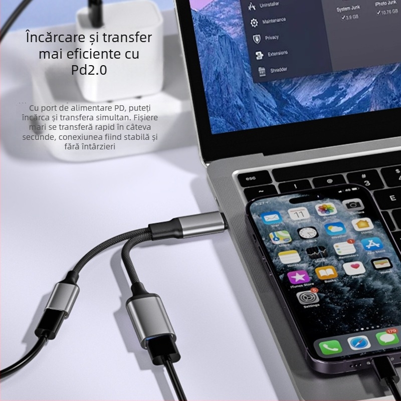 Hub Type-C cu 2 porturi, splitter, încărcare rapidă și transfer USB, compatibil cu telefoane mobile și iPad, model YH-LJX-012