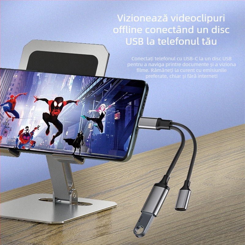 Hub Type-C cu 2 porturi, splitter, încărcare rapidă și transfer USB, compatibil cu telefoane mobile și iPad, model YH-LJX-012