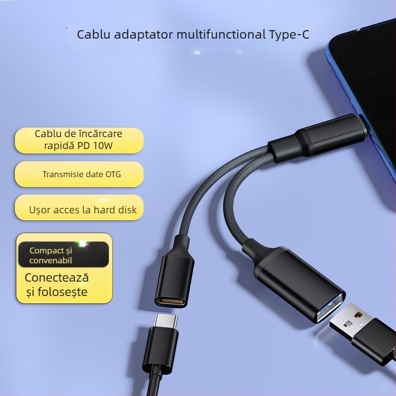 Hub Type-C cu 2 porturi, splitter, încărcare rapidă și transfer USB, compatibil cu telefoane mobile și iPad, model YH-LJX-012