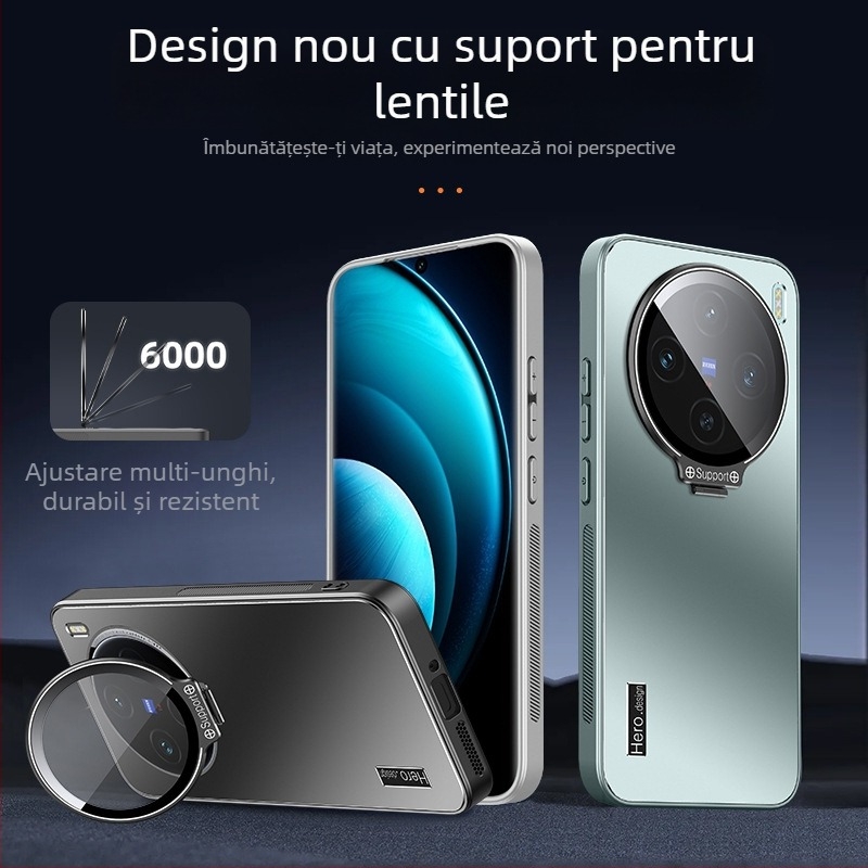 Husă de protecție pentru Vivo X200s cu protecție a obiectivului și suport metalic, finisaj sablat, material PC + TPU