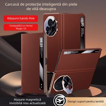 Husă din piele pentru Honor Magic V3, cu suport pentru obiectiv, protecție anti-cadere pentru telefon cu ecran pliabil