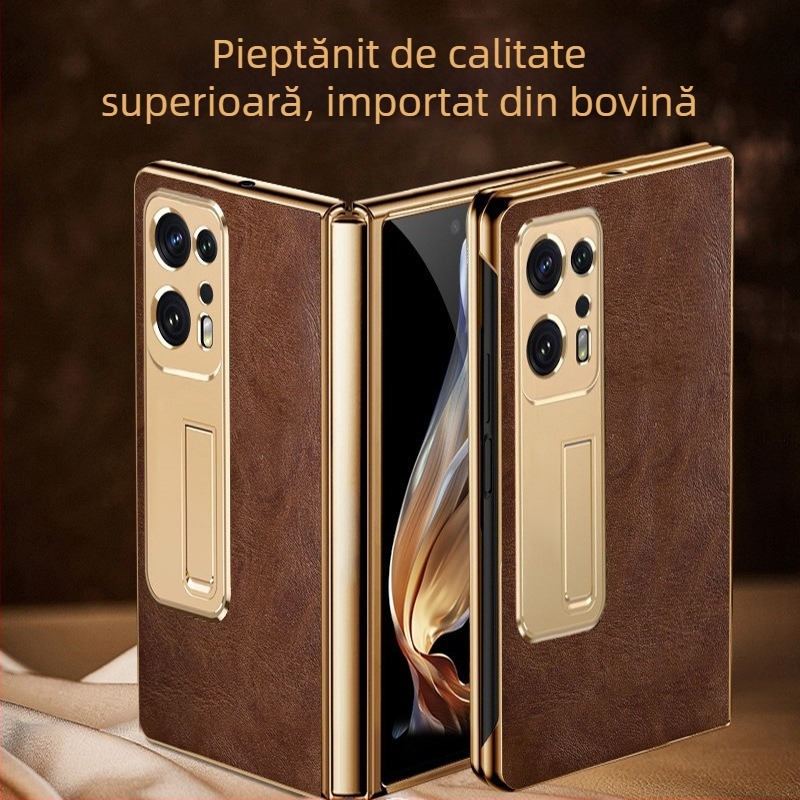 Husă din piele naturală pentru OPPO Find N2, cu protecție a obiectivului, suport încorporat și protecție împotriva căderii