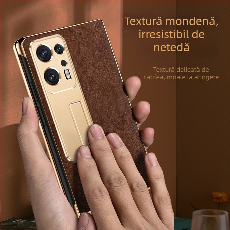 Husă din piele naturală pentru OPPO Find N2, cu protecție a obiectivului, suport încorporat și protecție împotriva căderii