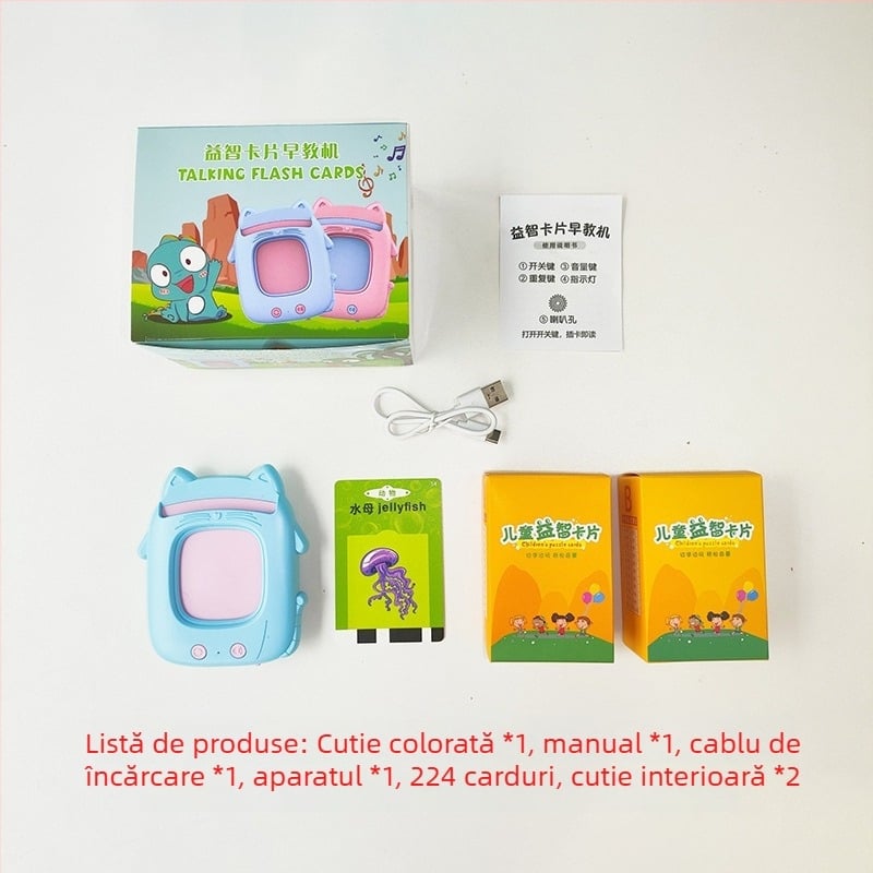 Mașină de învățare cu temă pisică pentru educație timpurie, cu sloturi pentru carduri — muzică, ABS, fără memorie, alimentare cu baterie Li-Ion, pentru copii 4–6 ani