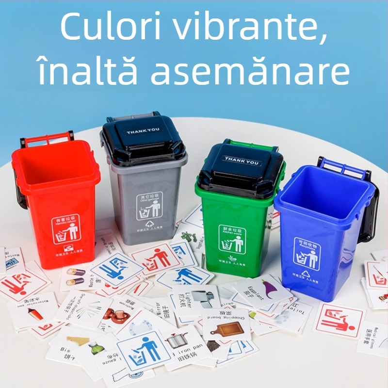 Set de jucării pentru sortarea gunoiului pentru copii — 108 carduri din PP, ambalaj în cutie color, accesorii pentru masă cu coș de gunoi, educație timpurie, vârsta 4–6 ani