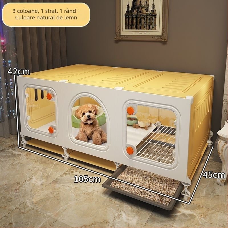 Cușcă pentru câini mici cu toaletă încorporată și casă pentru interior, construcție din sârmă metalică