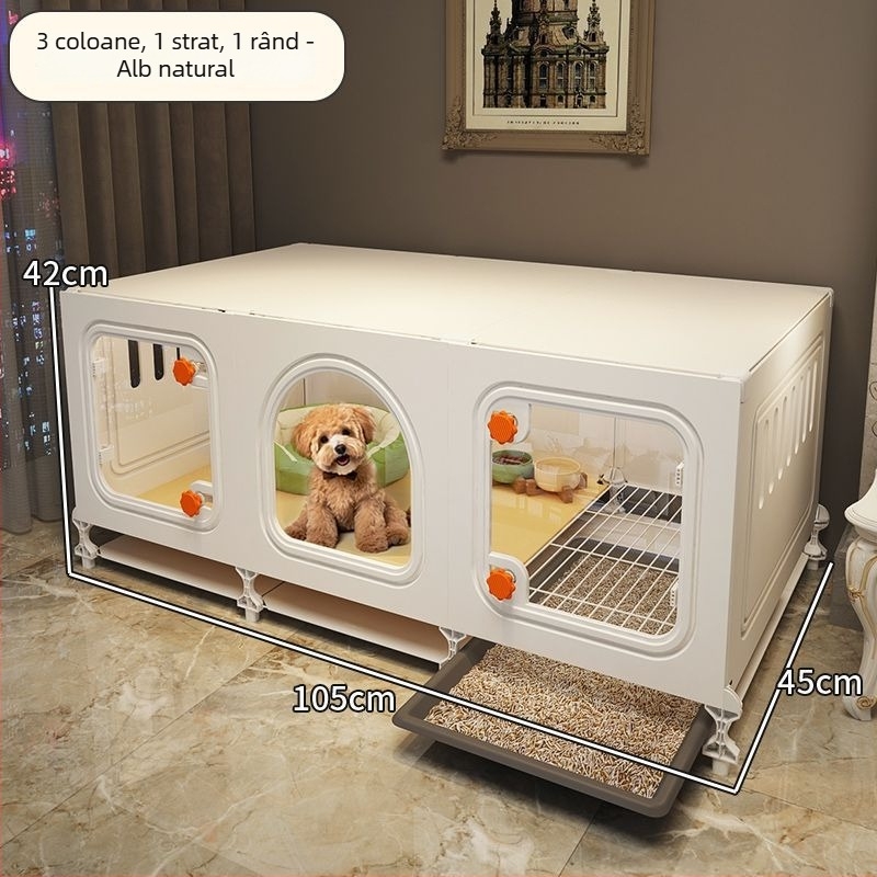 Cușcă pentru câini mici cu toaletă încorporată și casă pentru interior, construcție din sârmă metalică