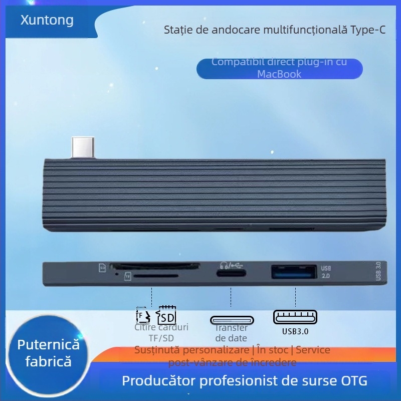 Dock USB-C pentru tabletă cu cititor SD/TF, 2 porți USB 3.0 și încărcare prin docking – aliaj de aluminiu