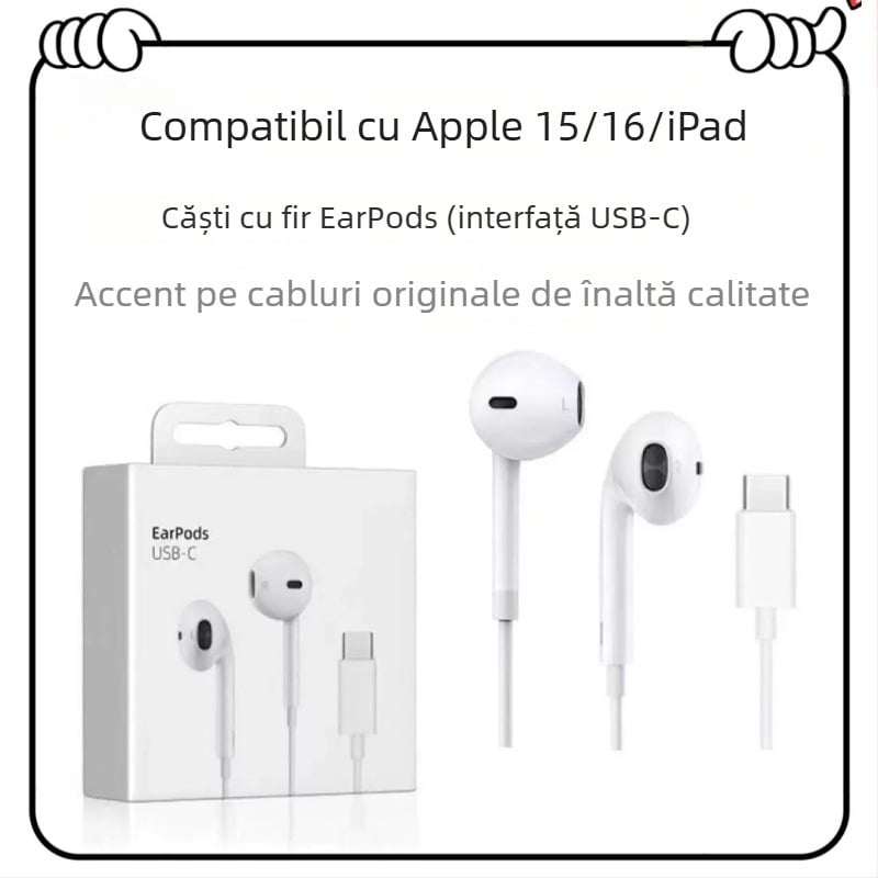 Căști in-ear cu cablu, control pe cablu, difuzor dinamic, reducere a zgomotului, bas puternic, compatibile cu iOS